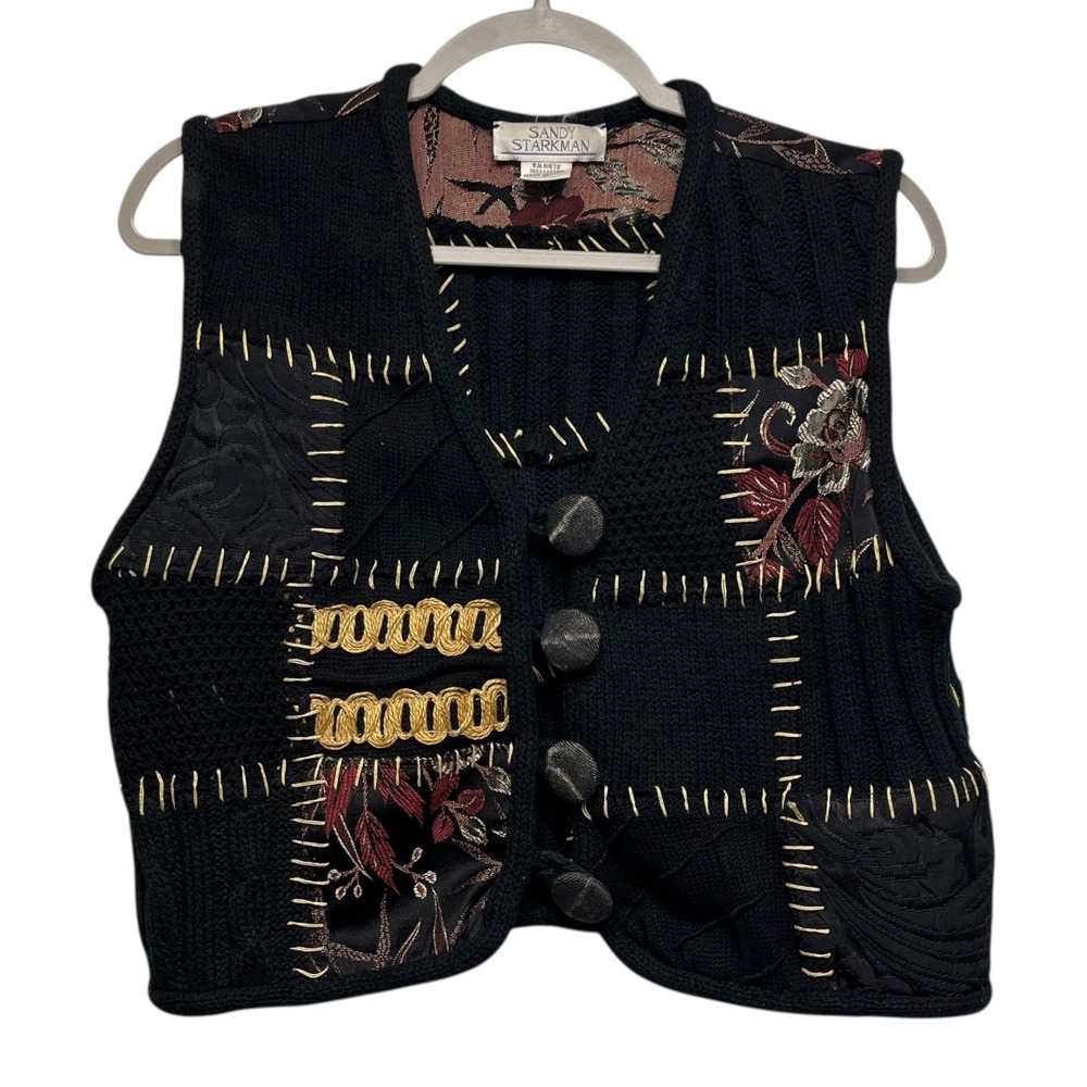 Sandy Starkman Patchwork Embroidered‎ Knit Vest Black Floral Gold Grandmacore
